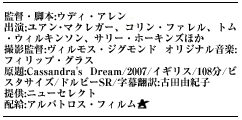 監督・脚本:ウディ・アレン、出演;ユアン･マクレガー、コリン・ファレル、トム・ウィルキンソン、サリー・ホーキンズほか、撮影監督:ヴィルモス・ジグモンド、オリジナル音楽:フィリップ・グラス、原題:Cassandra's Dream/2007/イギリス/108分/ビスタサイズ/ドルビーSR/字幕翻訳:古田由紀子、提供:ニューセレクト、配給:アルバトロス・フィルム